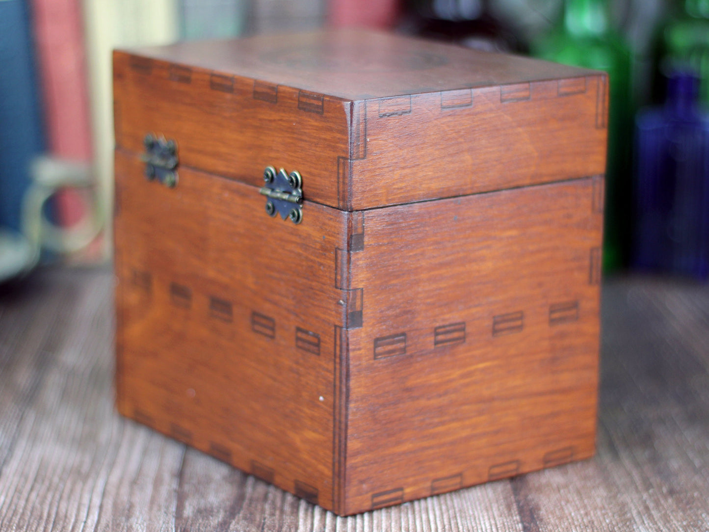 Wooden apothecary chest with drawer for potions or essential oil storage box with 12 glass bottles, cork stoppers and labels