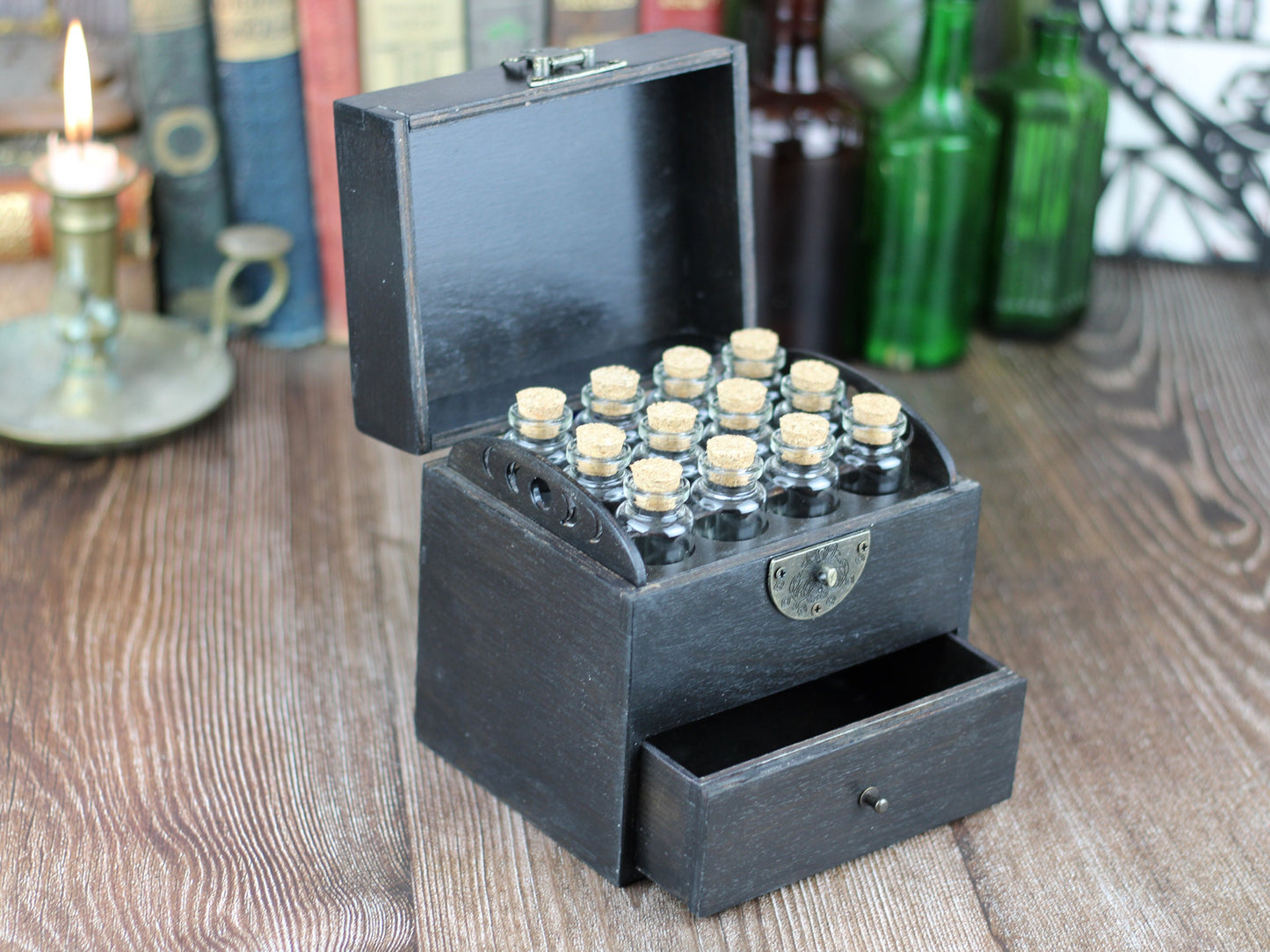 Pentagram black wooden apothecary chest with drawer for potions or essential oil storage box with 12 glass bottles, corks and labels