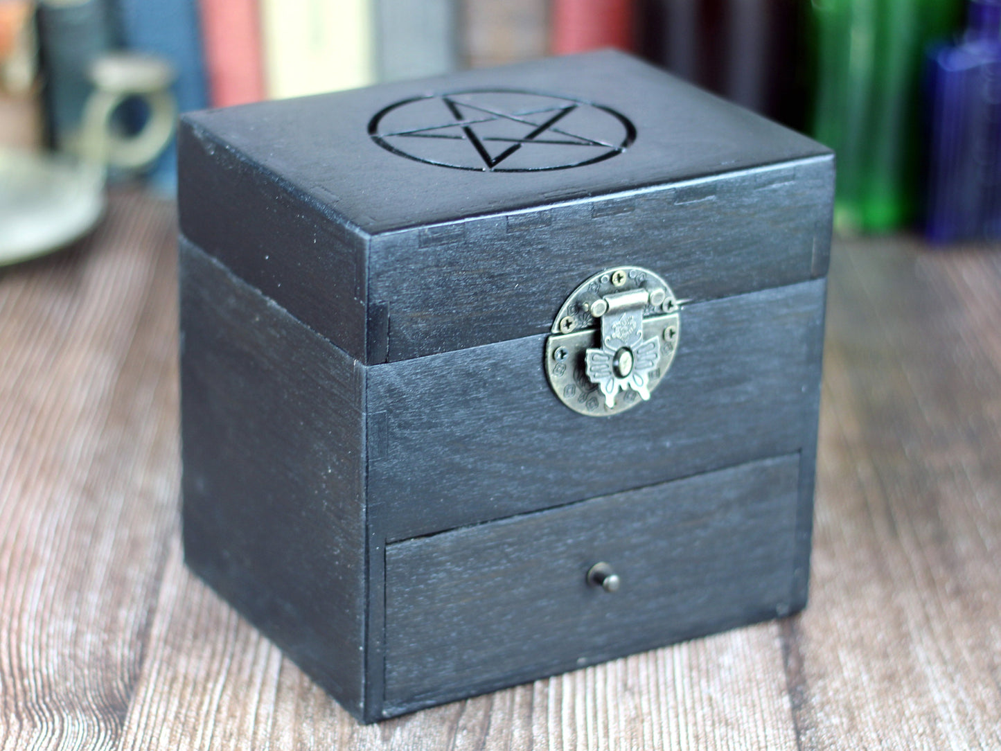 Pentagram black wooden apothecary chest with drawer for potions or essential oil storage box with 12 glass bottles, corks and labels