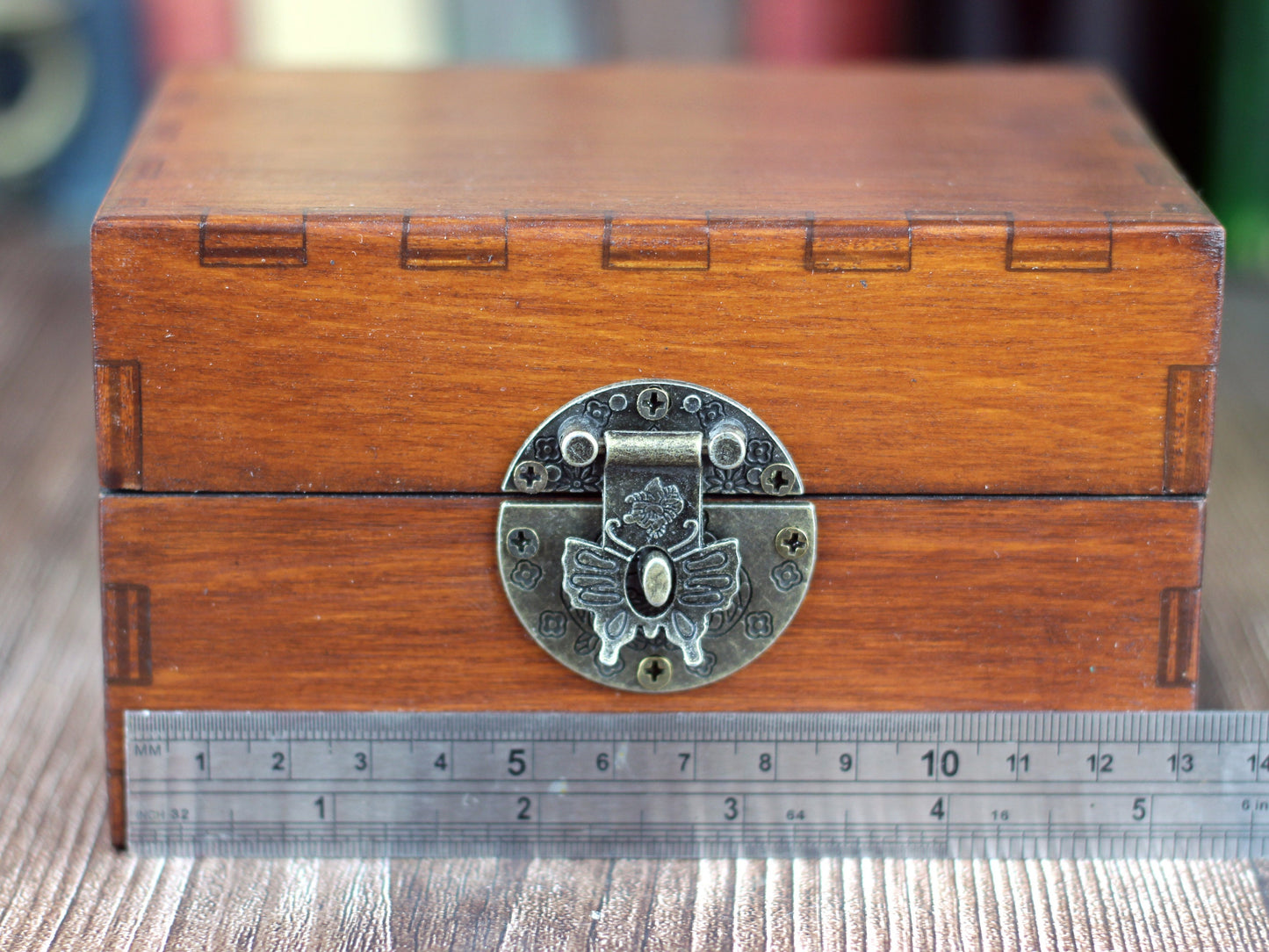 Wooden apothecary chest for potions or essential oil storage box with 12 glass bottles, cork stoppers and labels