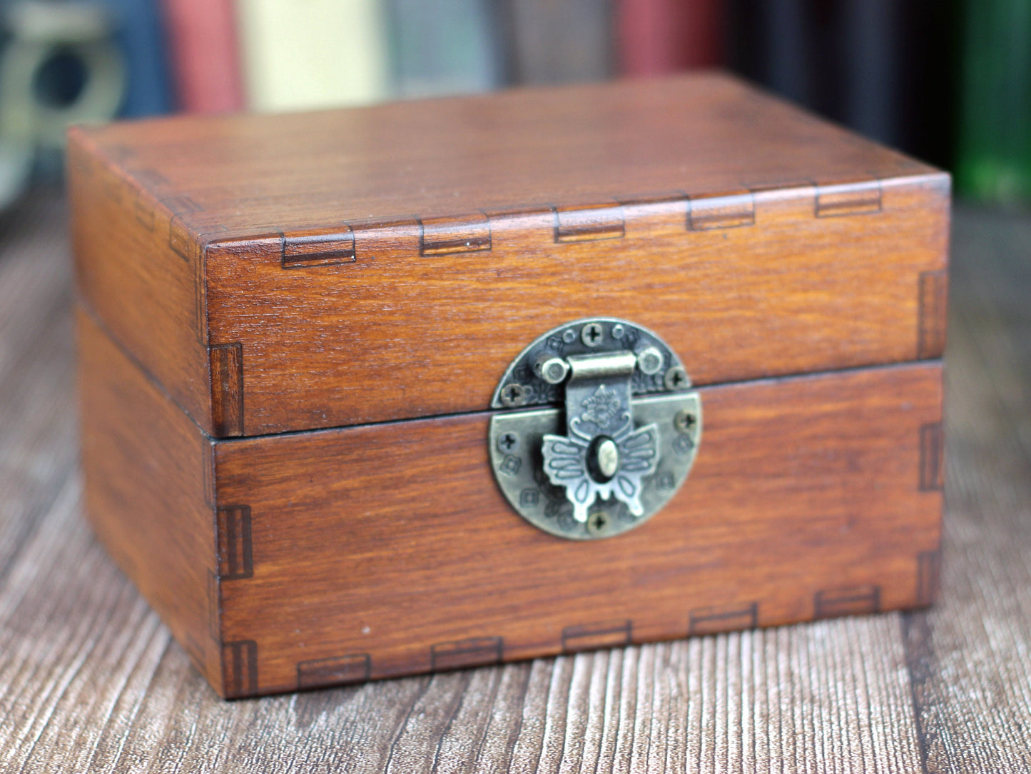 Wooden apothecary chest for potions or essential oil storage box with 12 glass bottles, cork stoppers and labels