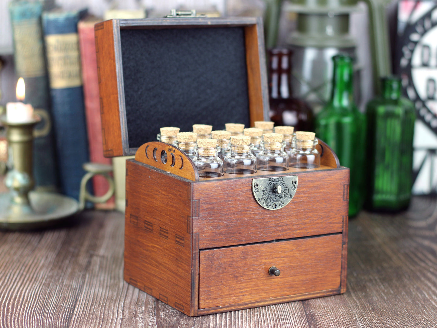 Wooden apothecary chest with drawer for potions or essential oil storage box with 12 glass bottles, cork stoppers and labels