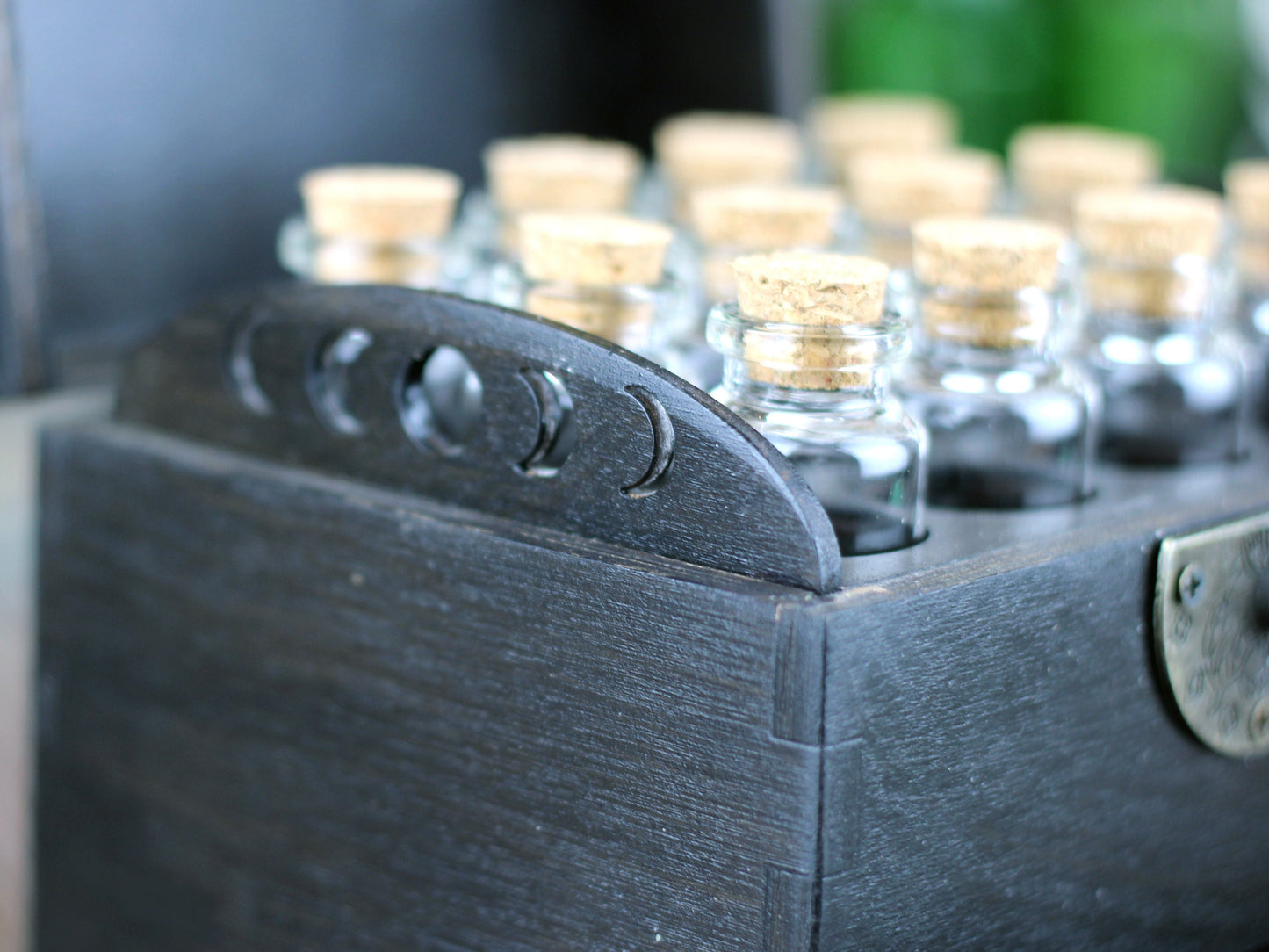 Pentagram black wooden apothecary chest with drawer for potions or essential oil storage box with 12 glass bottles, corks and labels