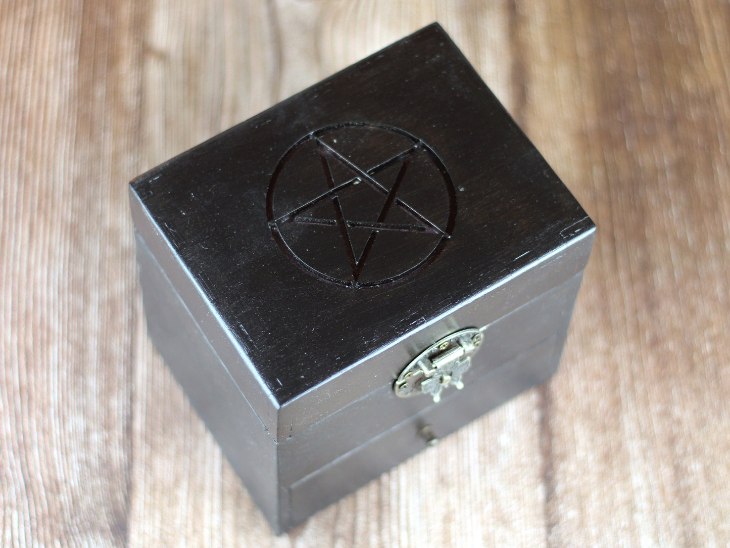 Pentagram black wooden apothecary chest with drawer for potions or essential oil storage box with 12 glass bottles, corks and labels