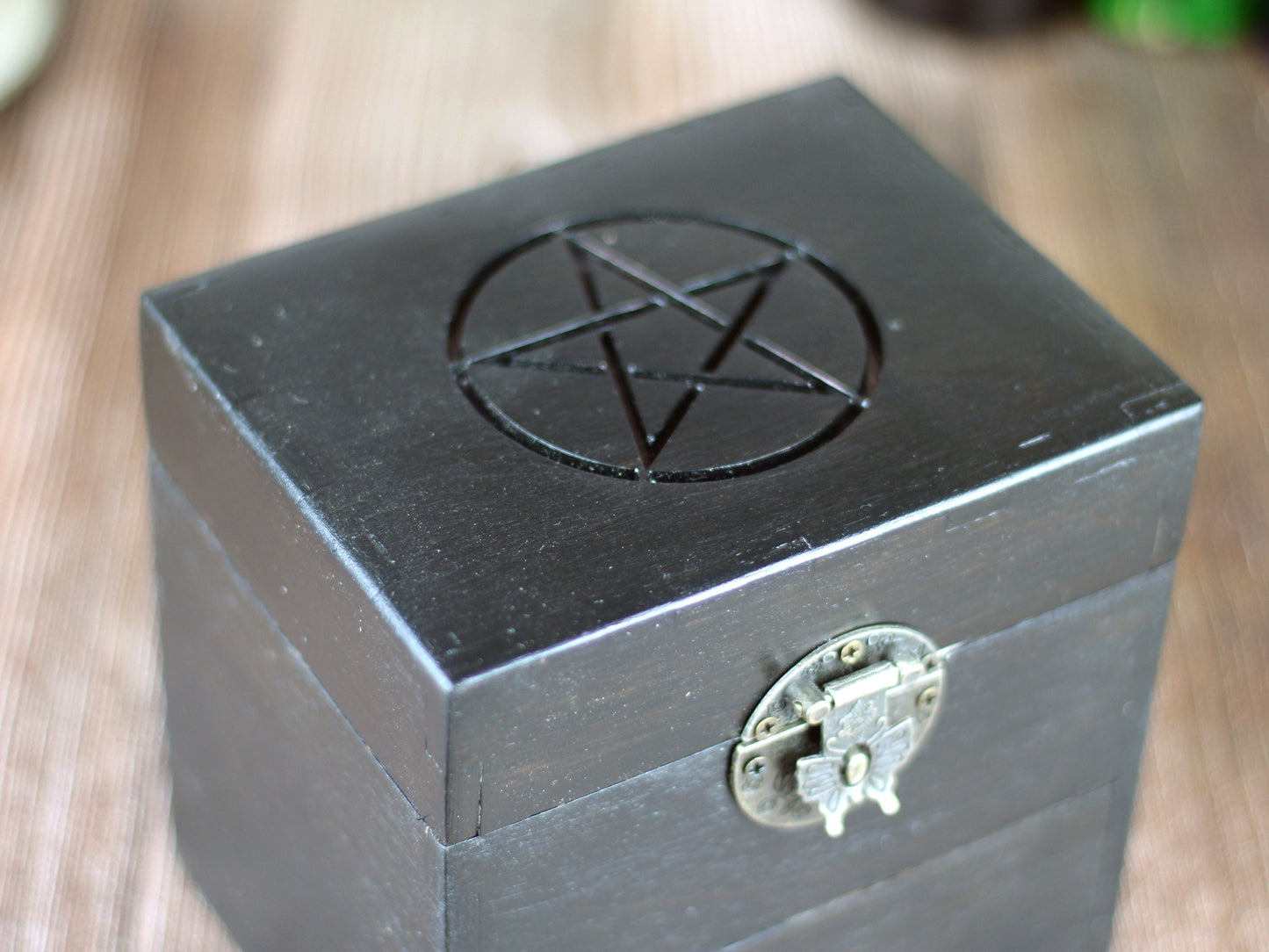 Pentagram black wooden apothecary chest with drawer for potions or essential oil storage box with 12 glass bottles, corks and labels