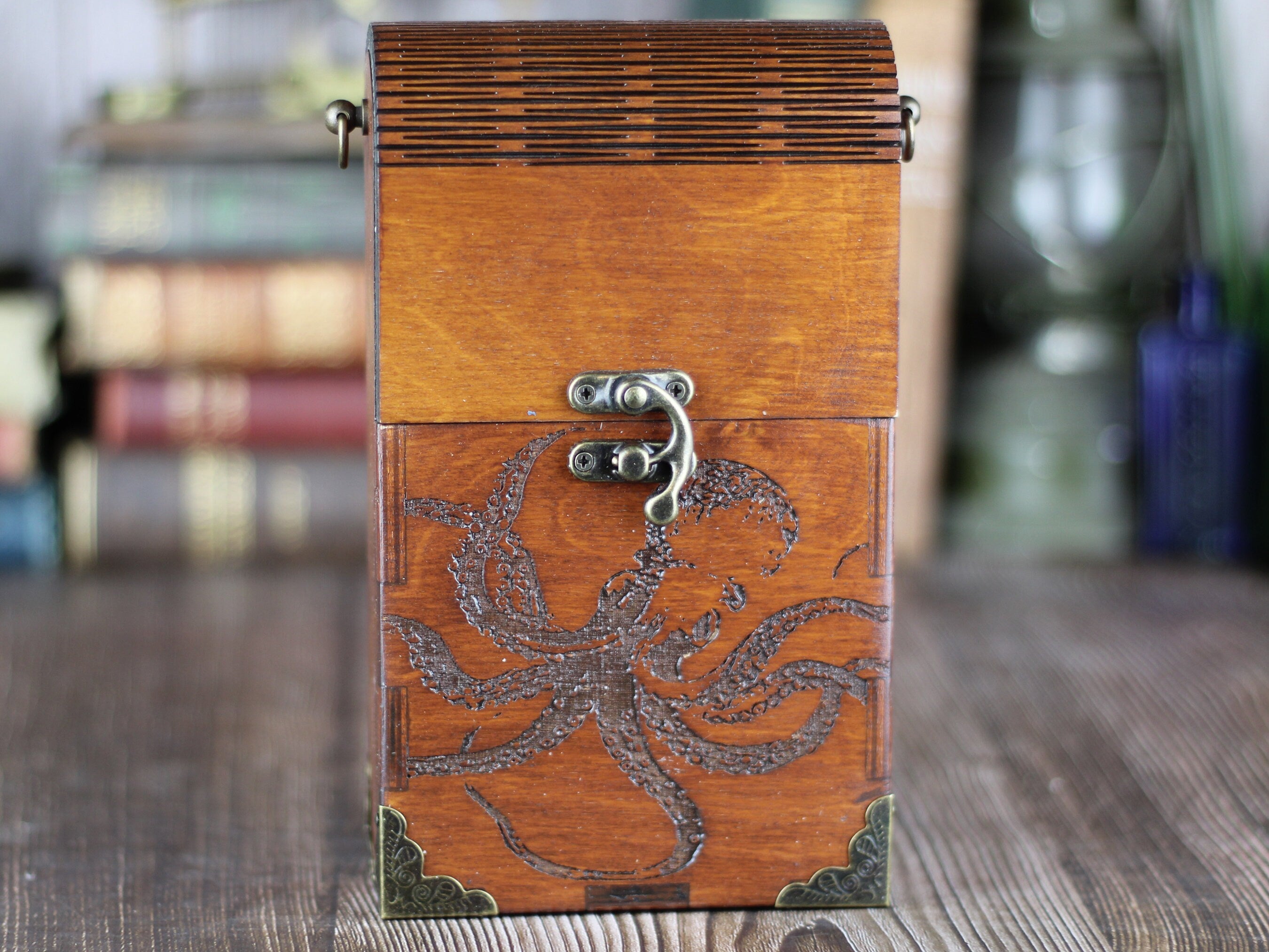 Wooden purse with kraken design and living hinge kraken purse