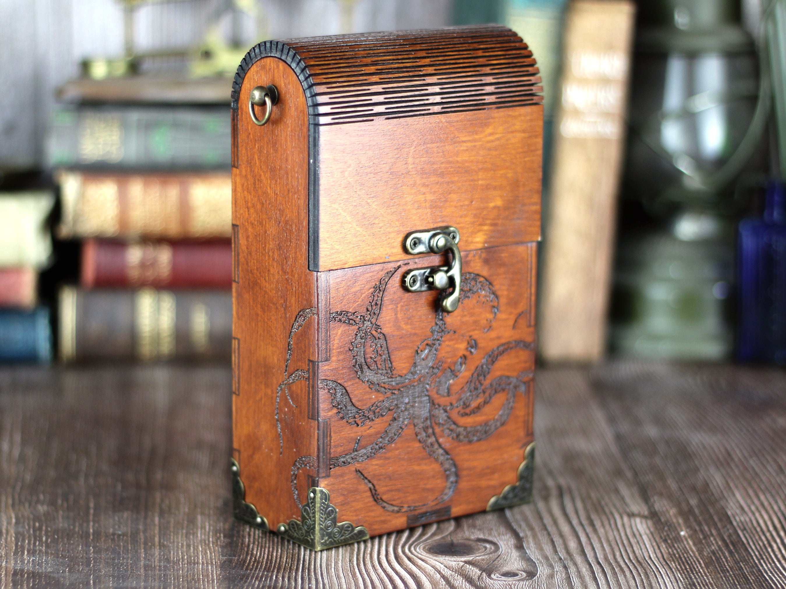 Wooden purse with kraken design and living hinge kraken purse