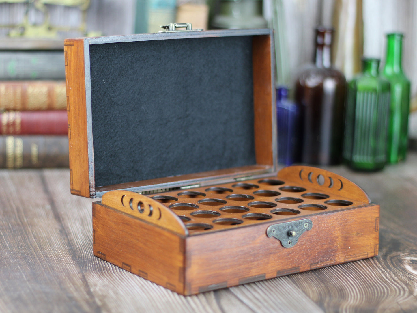 Wooden apothecary chest for 24 bottles for potions or essential oil storage box