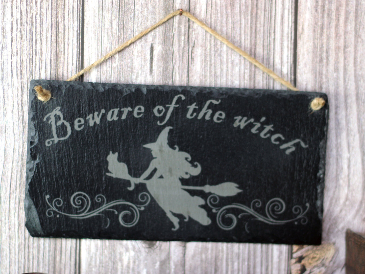 Slate beware of the witch sign with cat, raven or hat design, witchcraft or Wicca gift