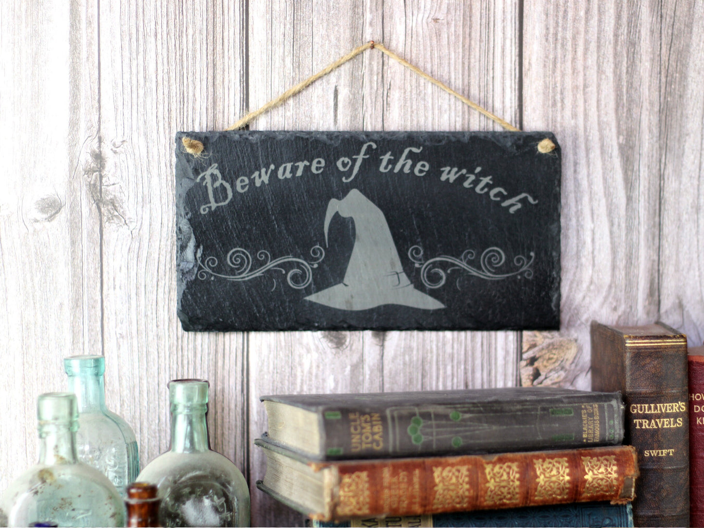 Slate beware of the witch sign with cat, raven or hat design, witchcraft or Wicca gift