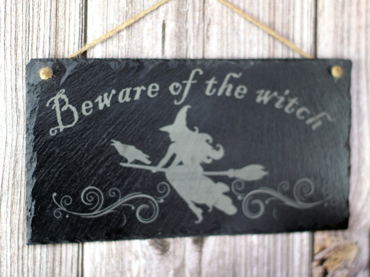 Slate beware of the witch sign with cat, raven or hat design, witchcraft or Wicca gift