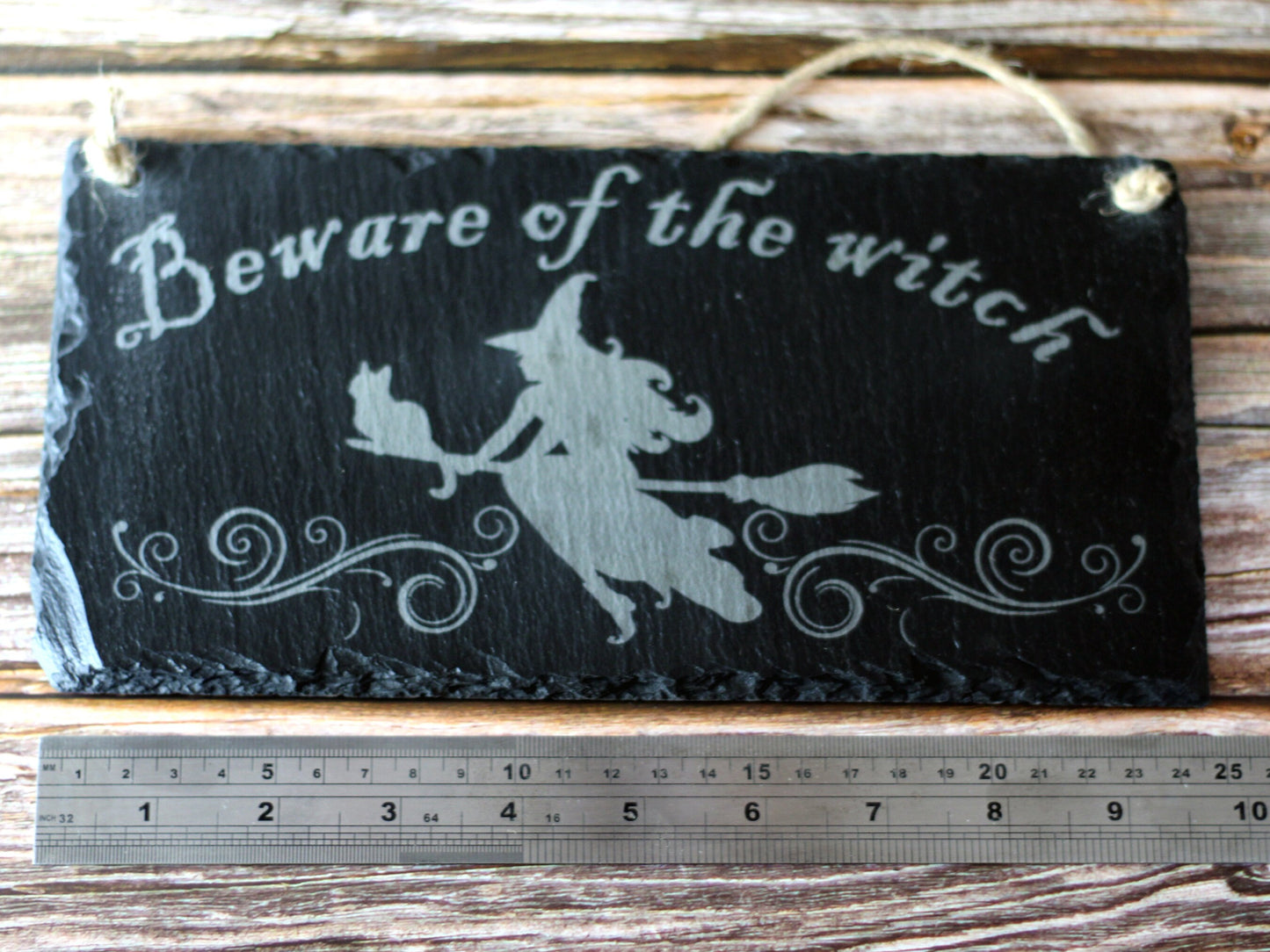 Slate beware of the witch sign with cat, raven or hat design, witchcraft or Wicca gift