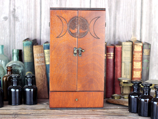 Wooden apothecary cabinet engraved with triple moon goddess and tree of life symbol. Drawer and 6 brown medicine bottles with glass stoppers